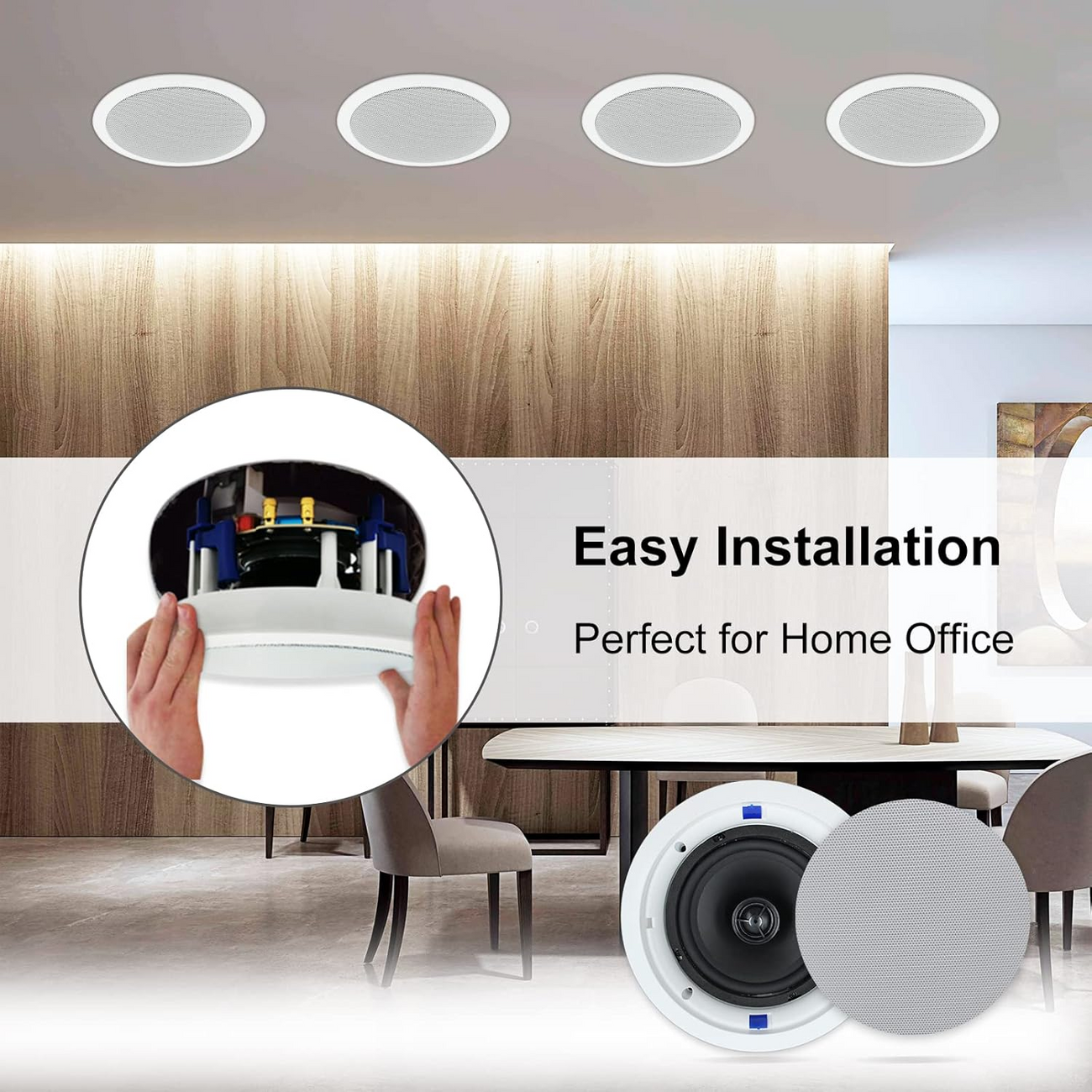 Four Herdio in-ceiling speakers installed in a home office ceiling