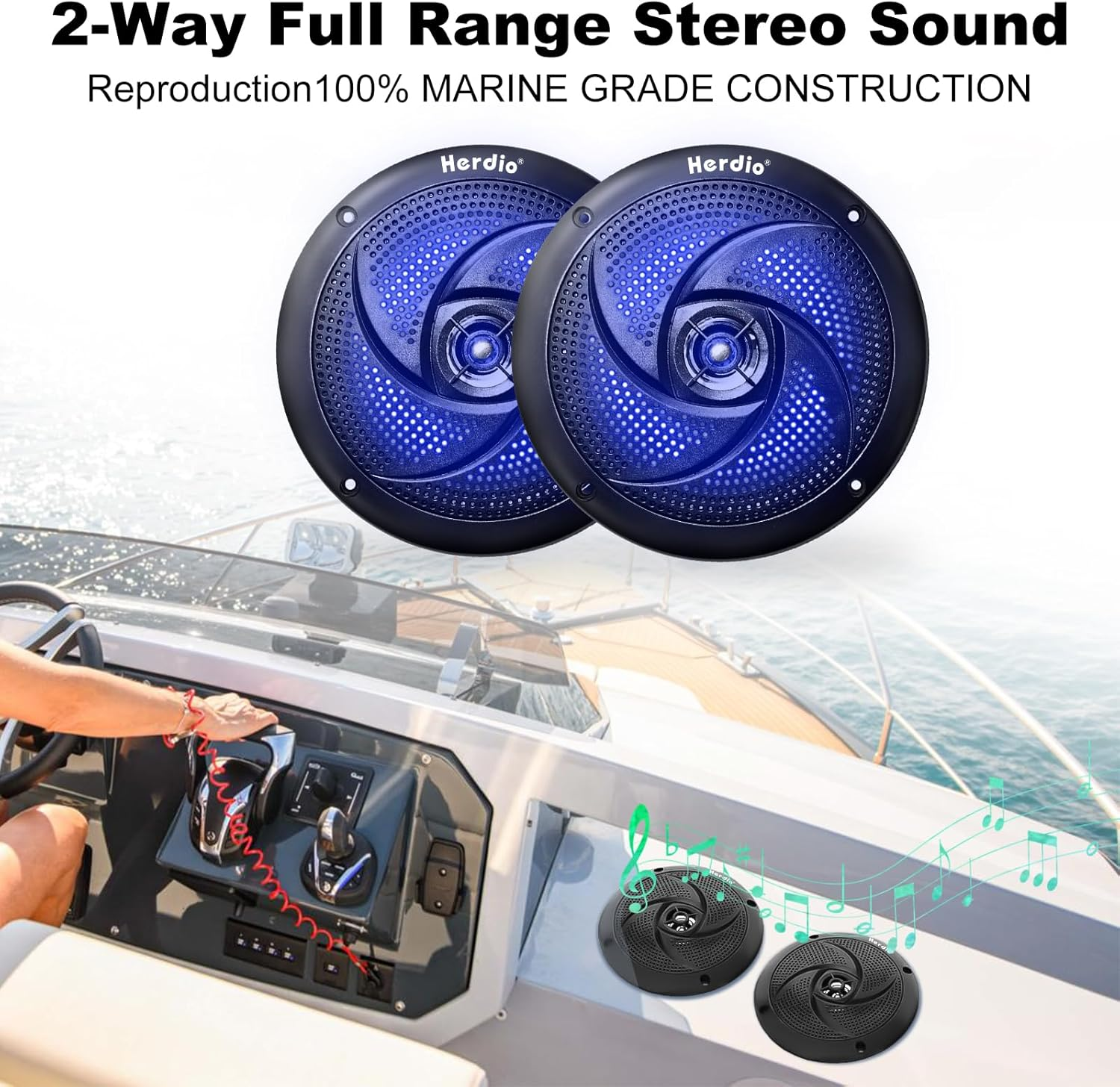 Herdio 6.5 Inch 240W Waterproof Marine Speakers - 2 Way Weather Resistant with LED Lights, and Low Profile Slim Style for Ooutdoor Boat,RV