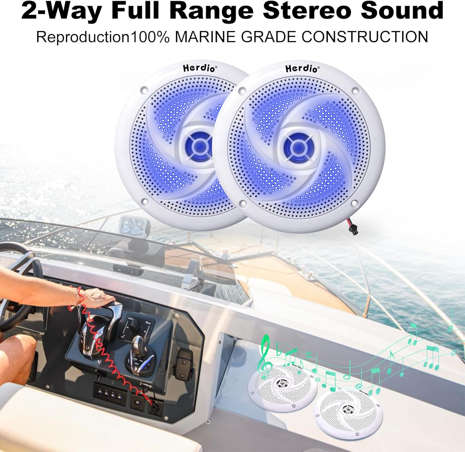 Herdio 5.25 Inch 160W Waterproof Marine Speakers - 2 Way Weather Resistant with LED Lights, and Low Profile Slim Style Suitable for Boat, RV, ATV, UTV, Golf Cart (1 Pair, White)