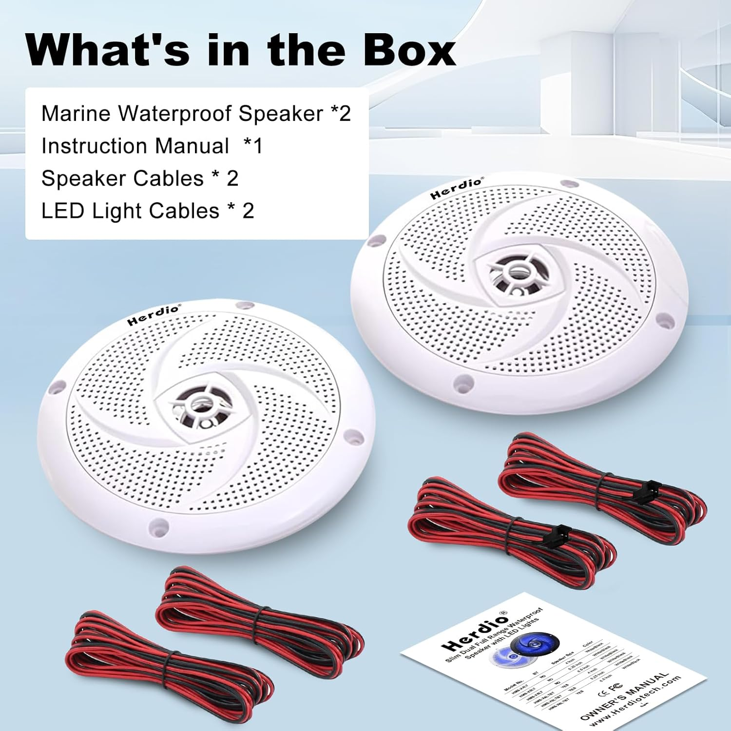 Herdio 5.25 Inch 160W Waterproof Marine Speakers - 2 Way Weather Resistant with LED Lights, and Low Profile Slim Style Suitable for Boat, RV, ATV, UTV, Golf Cart (1 Pair, White)