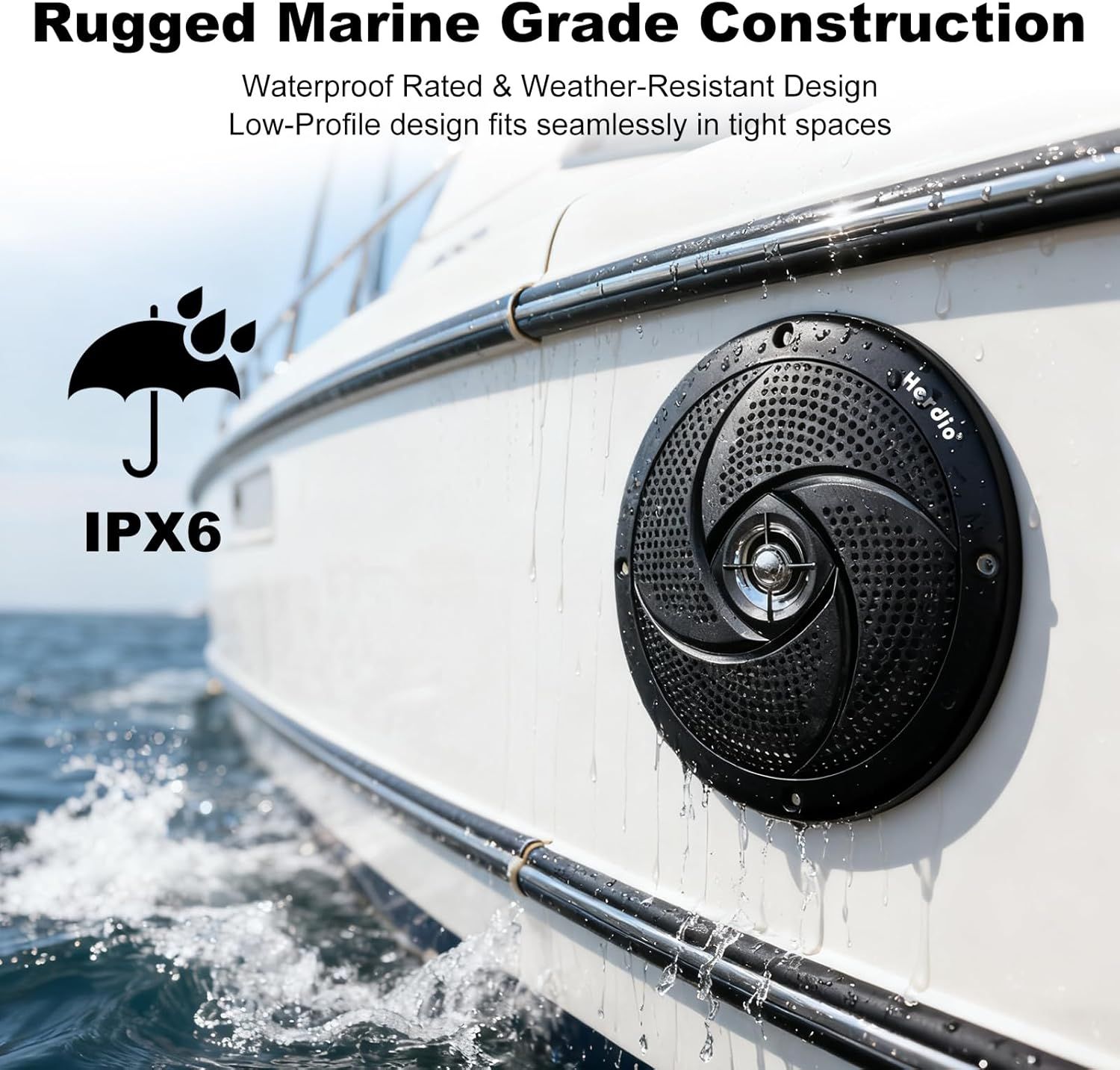 Herdio 5.25 Inch 160W Waterproof Marine Speakers - 2 Way Weather Resistant with LED Lights, and Low Profile Slim Style Suitable for Boat, RV, ATV, UTV, Golf Cart (1 Pair, White)