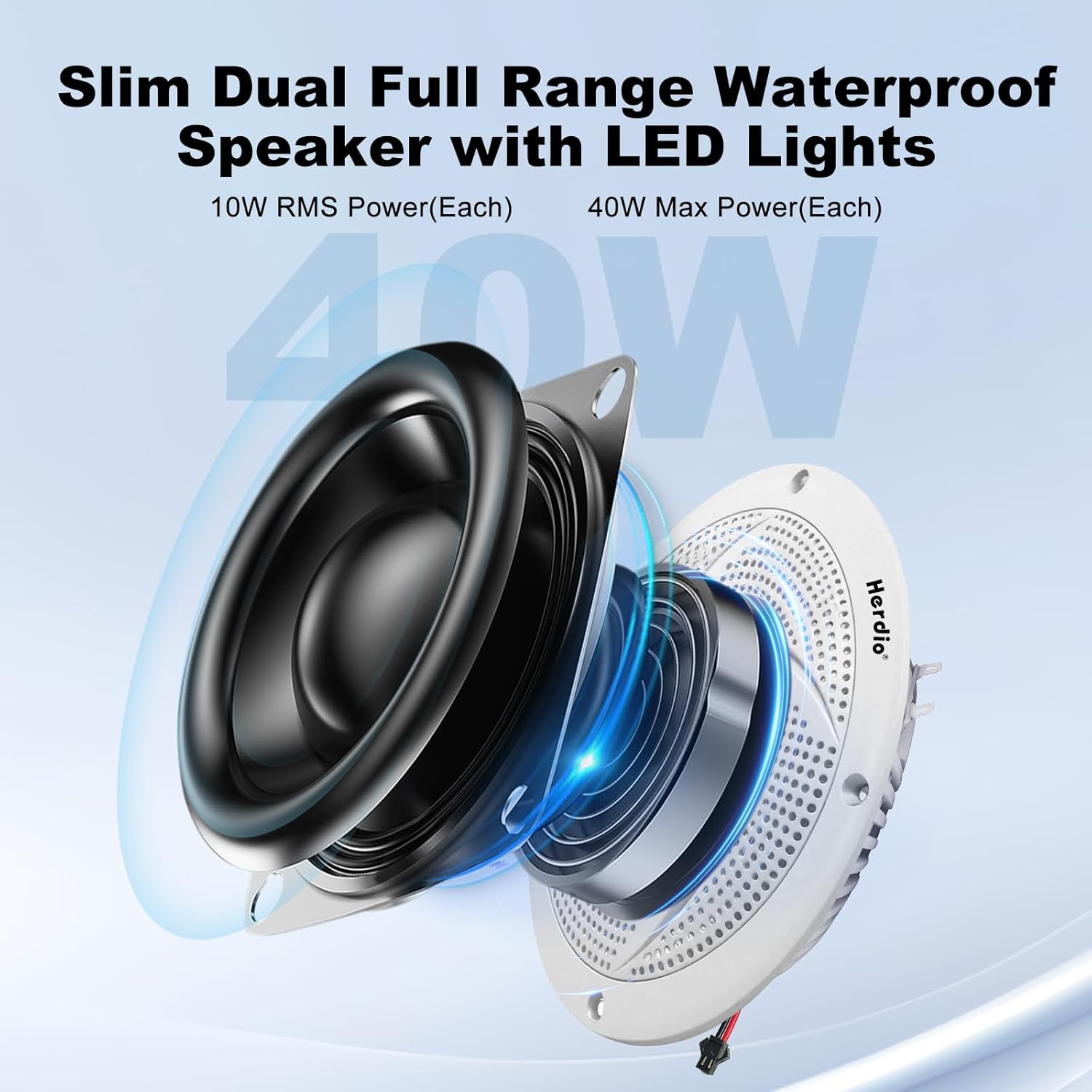 Herdio 4 Inch 80W Waterproof Marine Speakers - 2 Way Weather Resistant with LED Lights, and Low Profile Slim Style Suitable for Boat, RV, ATV, UTV, Golf Cart (1 Pair, Black)