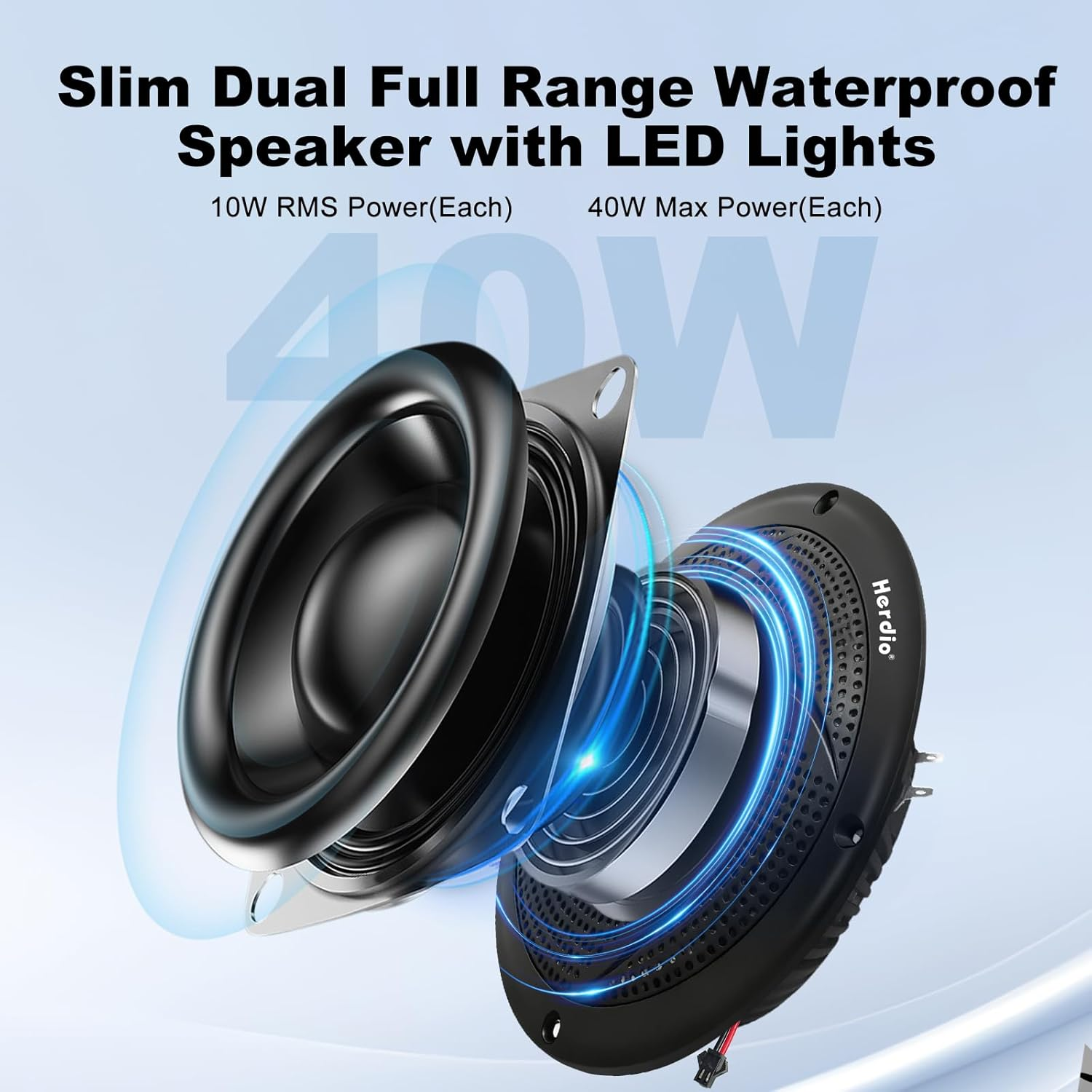 Herdio 4 Inch 80W Waterproof Marine Speakers - 2 Way Weather Resistant with LED Lights, and Low Profile Slim Style Suitable for Boat, RV, ATV, UTV, Golf Cart (1 Pair, Black)