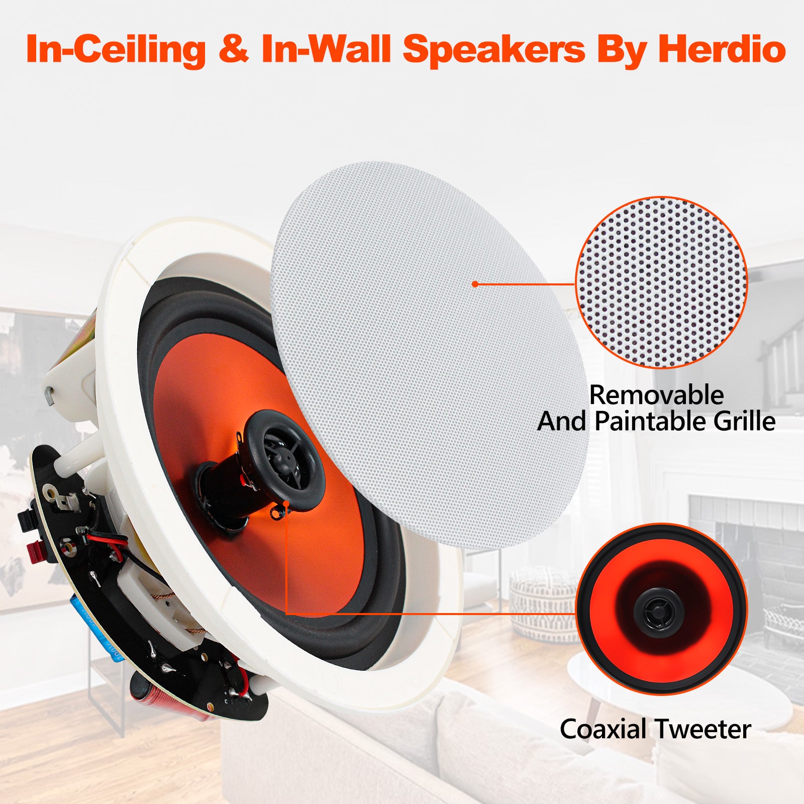 Herdio 6.5" 600W 2-Way Bluetooth In-Ceiling Speakers Home Audio