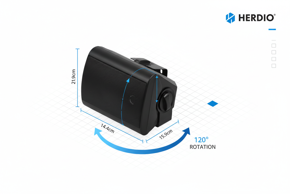 Herdio outdoor speaker 3D isometric diagram showing installation dimensions and mounting options