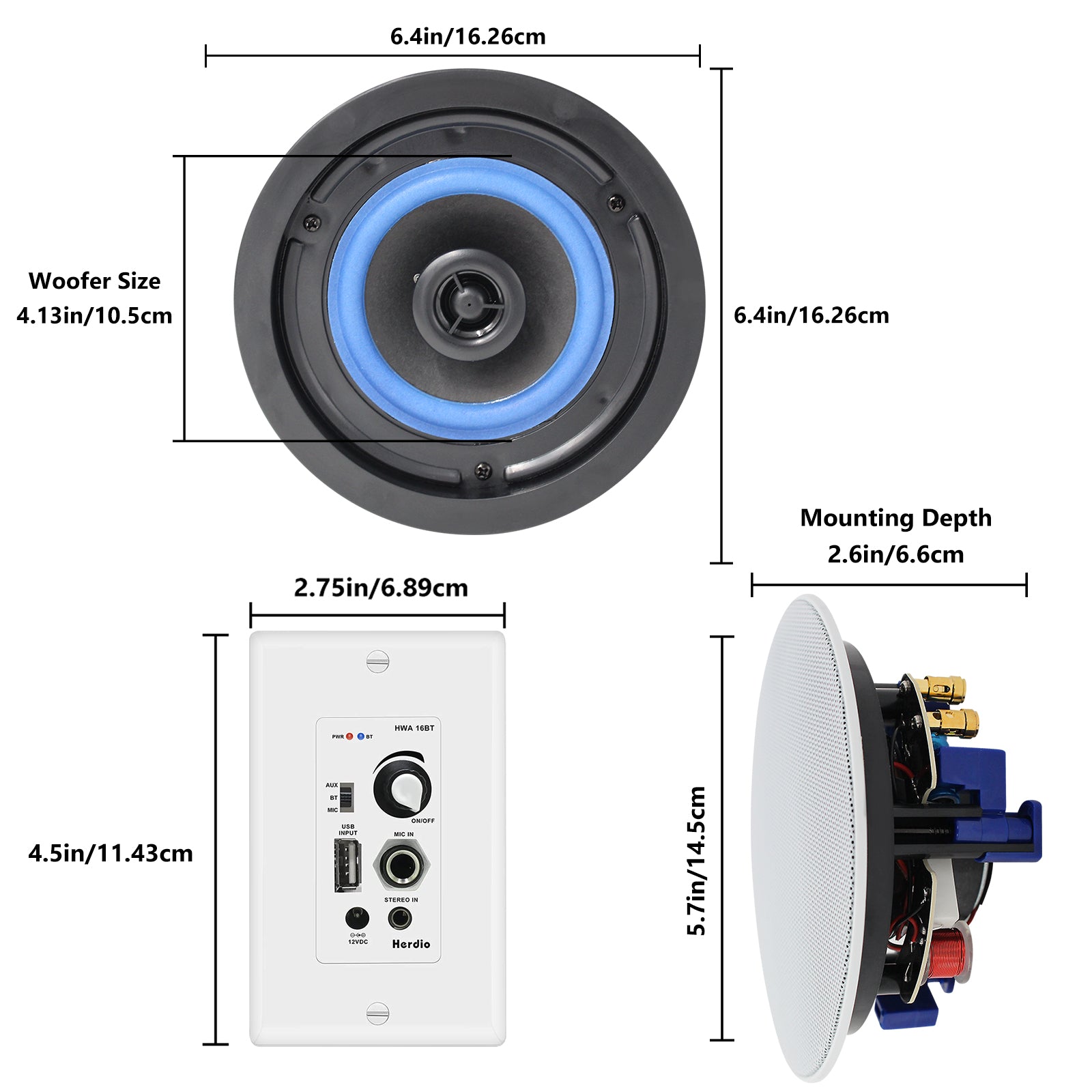 Herdio 4" Bluetooth Ceiling Speakers 160 Watts 2-Way for Home Audio