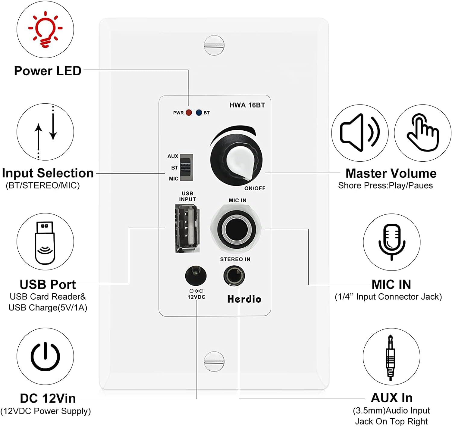 Herdio 6.5" 600W 2-Way Bluetooth In-Ceiling Speakers Home Audio
