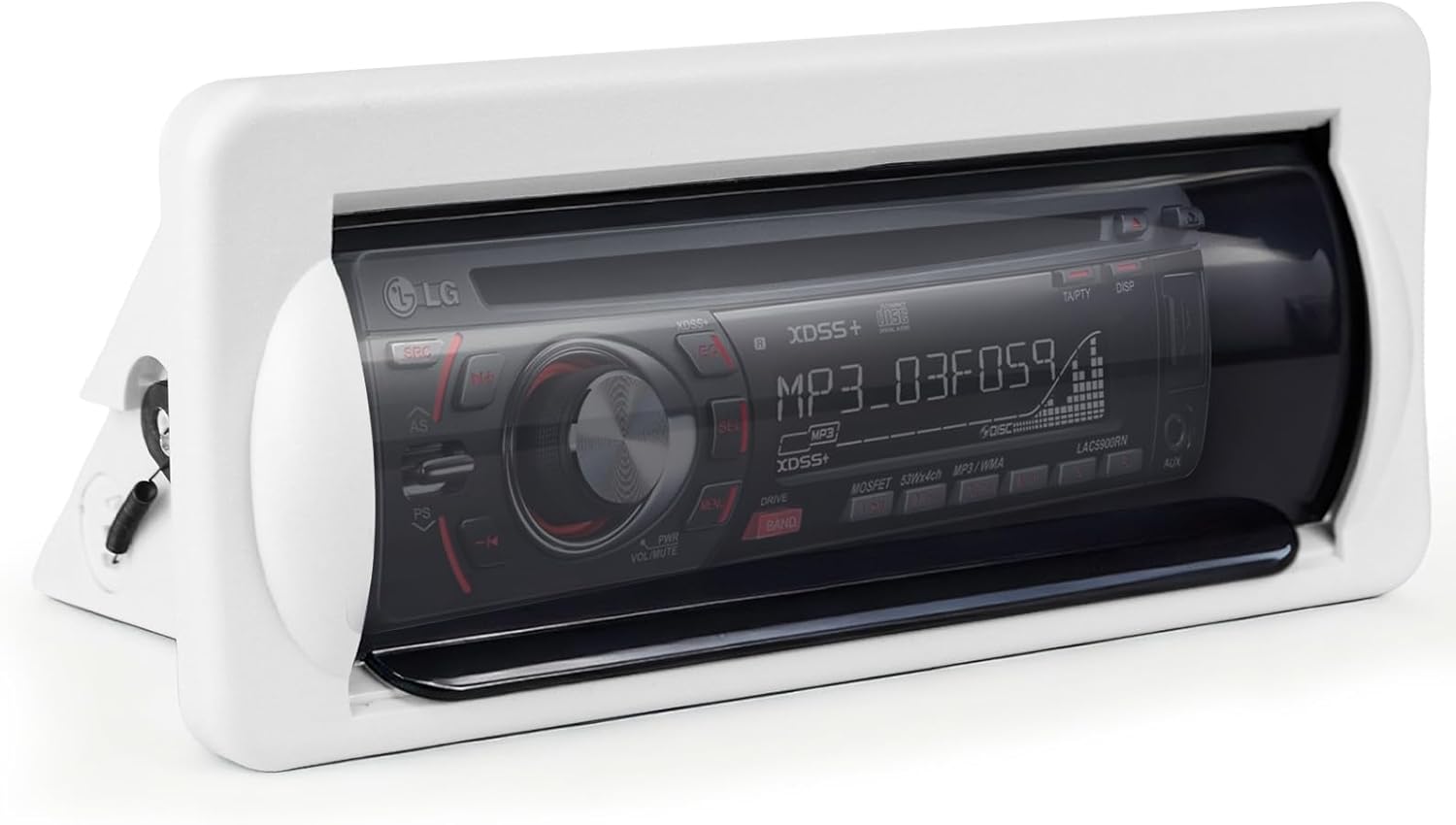 Herdio Heavy-Duty Marine Stereo Cover | Smoke-Colored Flip-Up Door with Spring Release & Mounting Gasket (White)