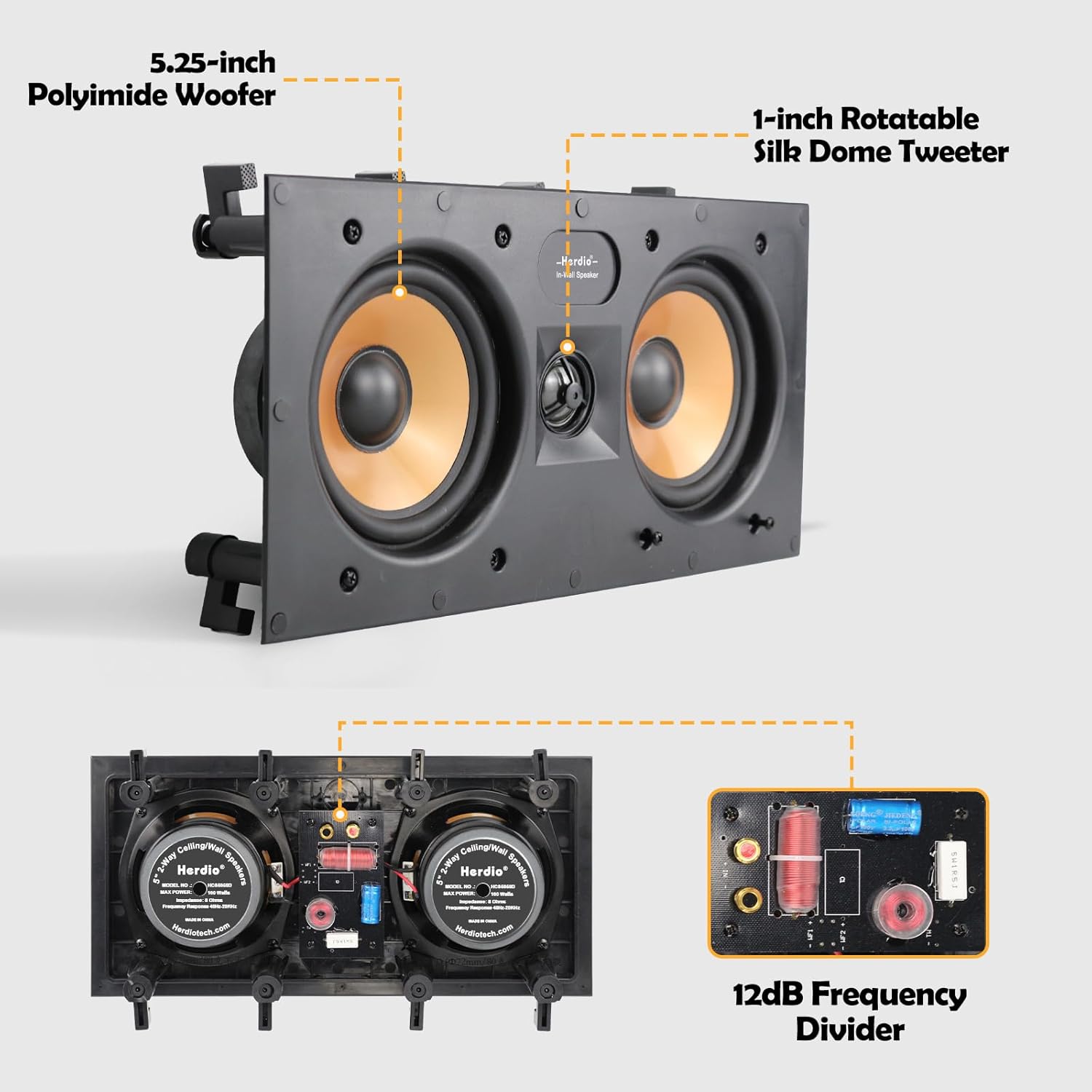 Herdio 5.25" In-Wall Center Channel Speaker | 2-Way Home Theater Flush Mount with Paintable Grille (Single)