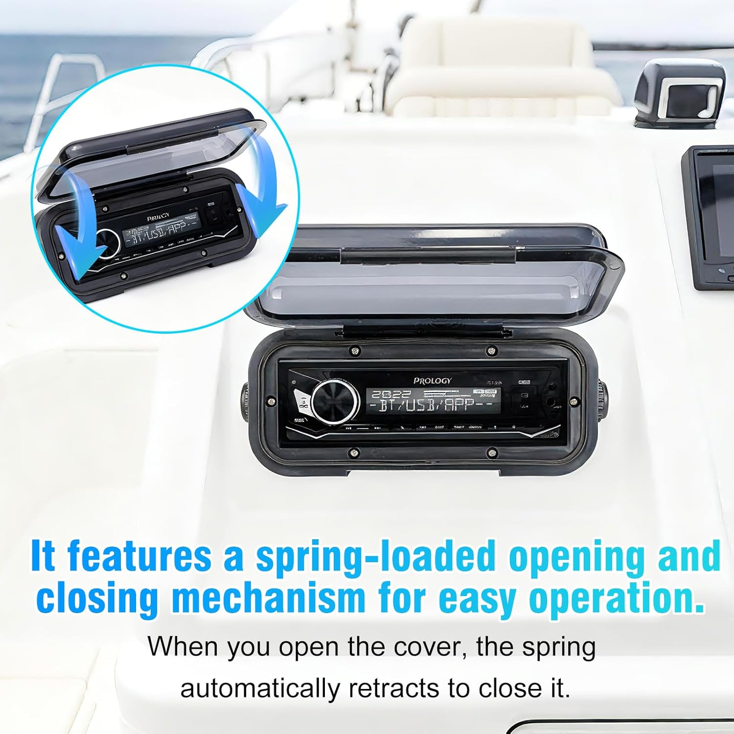 Herdio Universal Marine Stereo Cover | Water-Resistant Boat Radio Protector with Flip-Up Door & Neoprene Gasket (Black)