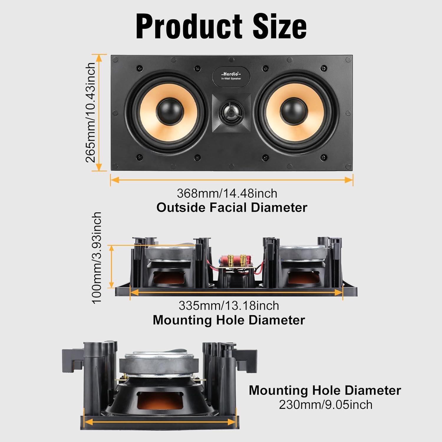 Herdio 5.25" In-Wall Center Channel Speaker | 2-Way Home Theater Flush Mount with Paintable Grille (Single)