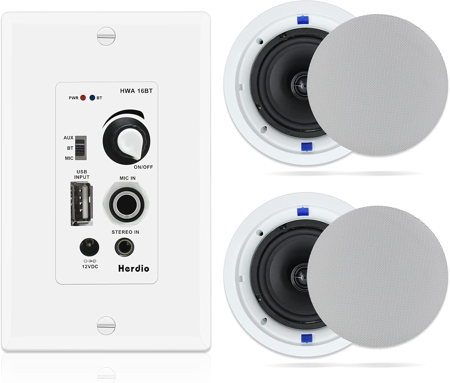 Herdio Flush Mount Ceiling Speakers 4" 5.25" 6.5" | Built-in Bluetooth Amplifier | In-Wall Home Theater Speaker (White, Pair)