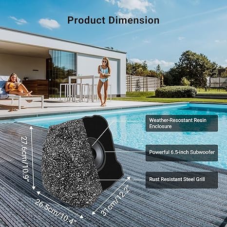 Herdio 6.5" Rock Speakers Outdoor Waterproof Bluetooth Wireless Portable Solar Powered Max 100 Watt with Rechargeable Battery for Garden Patio Deck Pool Backyard(Single Gray)