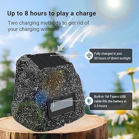 Herdio 6.5" Rock Speakers Outdoor Waterproof Bluetooth Wireless Portable Solar Powered Max 100 Watt with Rechargeable Battery for Garden Patio Deck Pool Backyard(Single Gray)