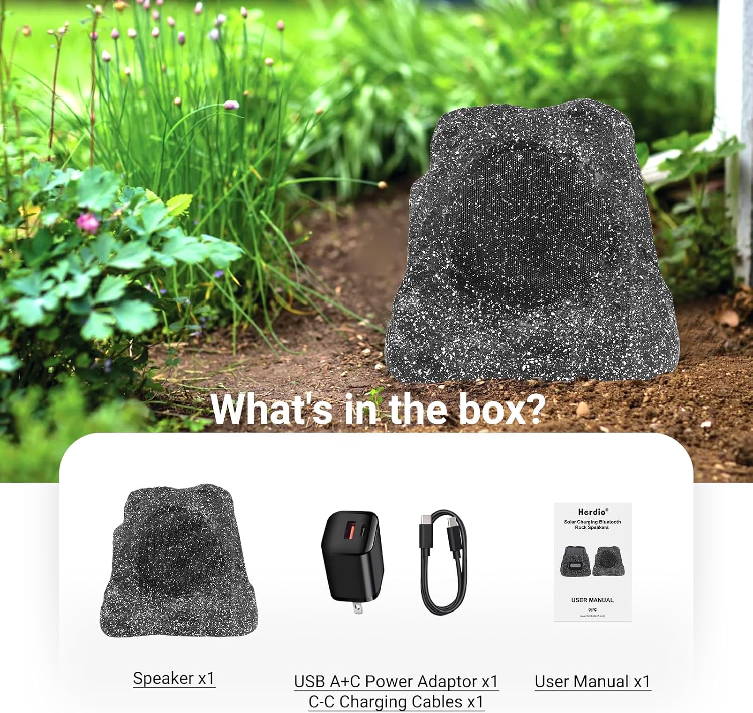 Herdio 6.5" Rock Speakers Outdoor Waterproof Bluetooth Wireless Portable Solar Powered Max 100 Watt with Rechargeable Battery for Garden Patio Deck Pool Backyard(Single Gray)