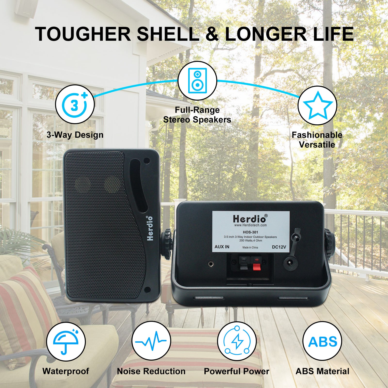 Herdio 3.5" Bluetooth Outdoor Speakers 200 Watts 2-Way Powerful Sound