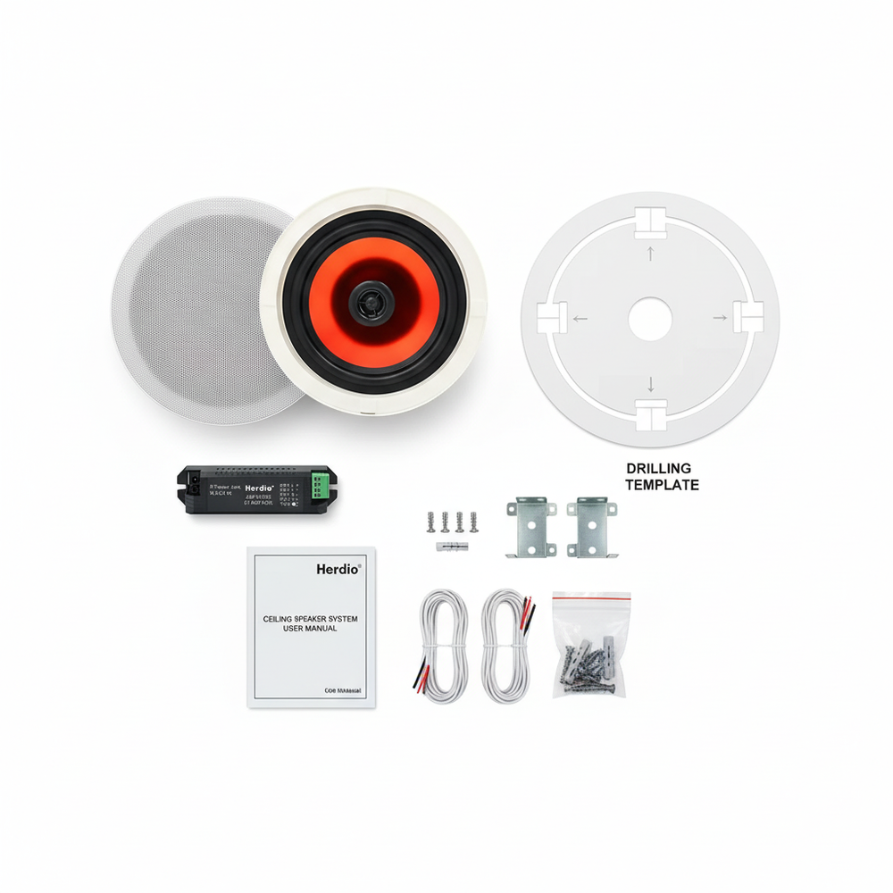 Herdio HCS628BT ceiling speaker package contents - speakers, grilles, mounting hardware, and accessories
