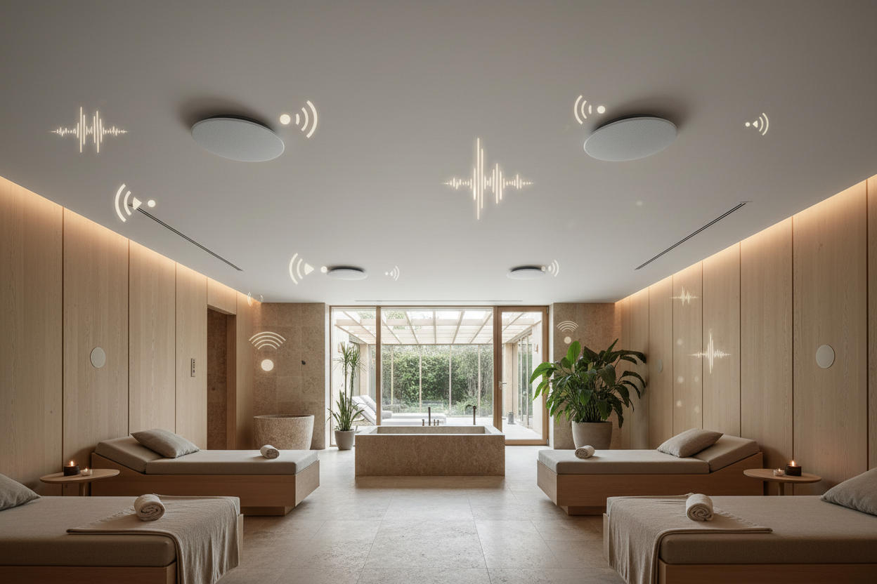 Flush-mount ceiling speakers in luxury home - seamless invisible installation