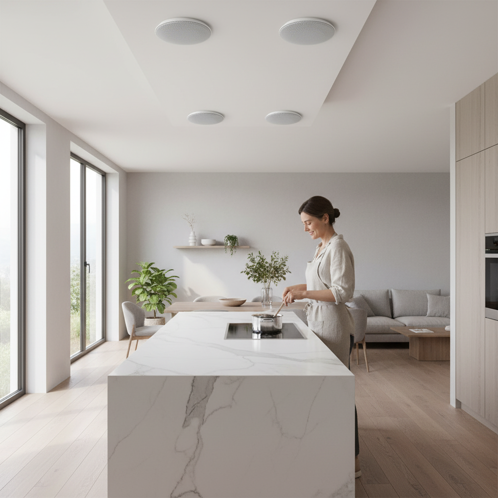 Herdio ceiling speakers installed in kitchen and bathroom - moisture resistant design