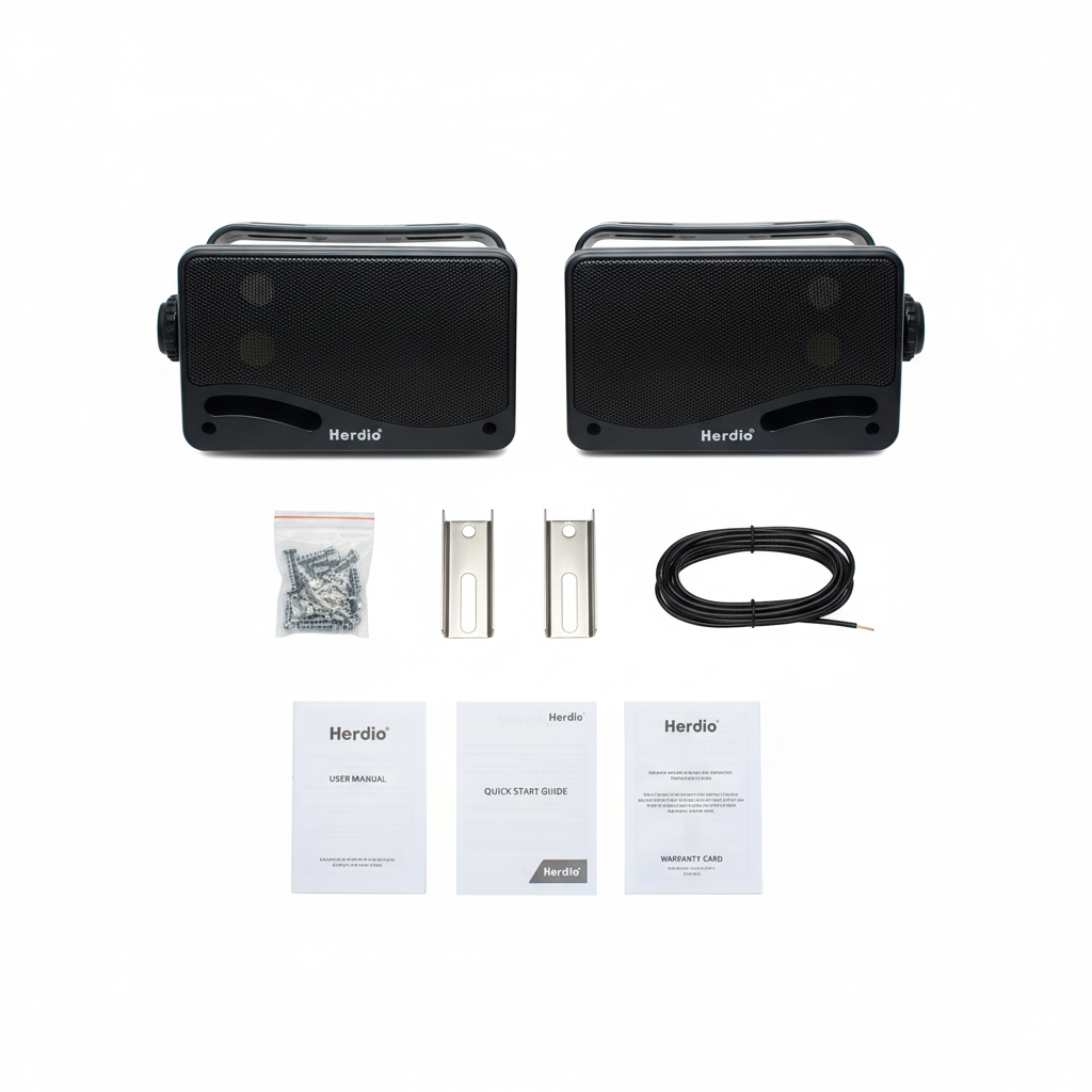 Herdio Bluetooth speakers package contents - speakers, mounting hardware, and accessories