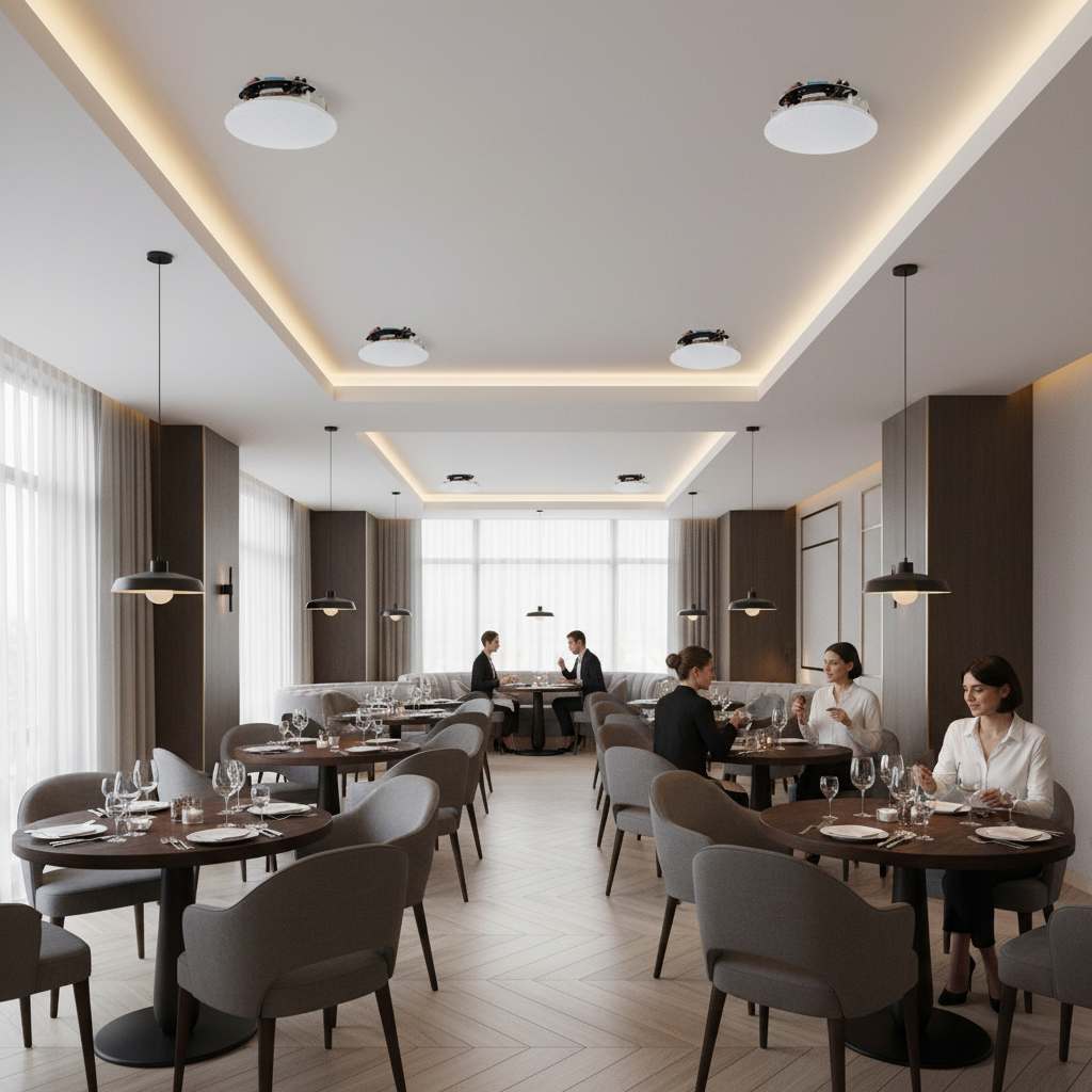 Herdio Bluetooth ceiling speakers in dining room scene elegant home audio solution modern interior