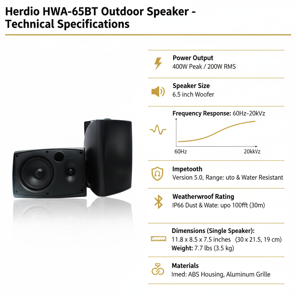 Herdio 6.5 inch outdoor speaker technical specifications 400W frequency response impedance chart