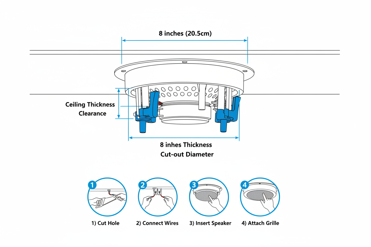 Herdio ceiling speaker installation guide showing flush mount in-ceiling setup