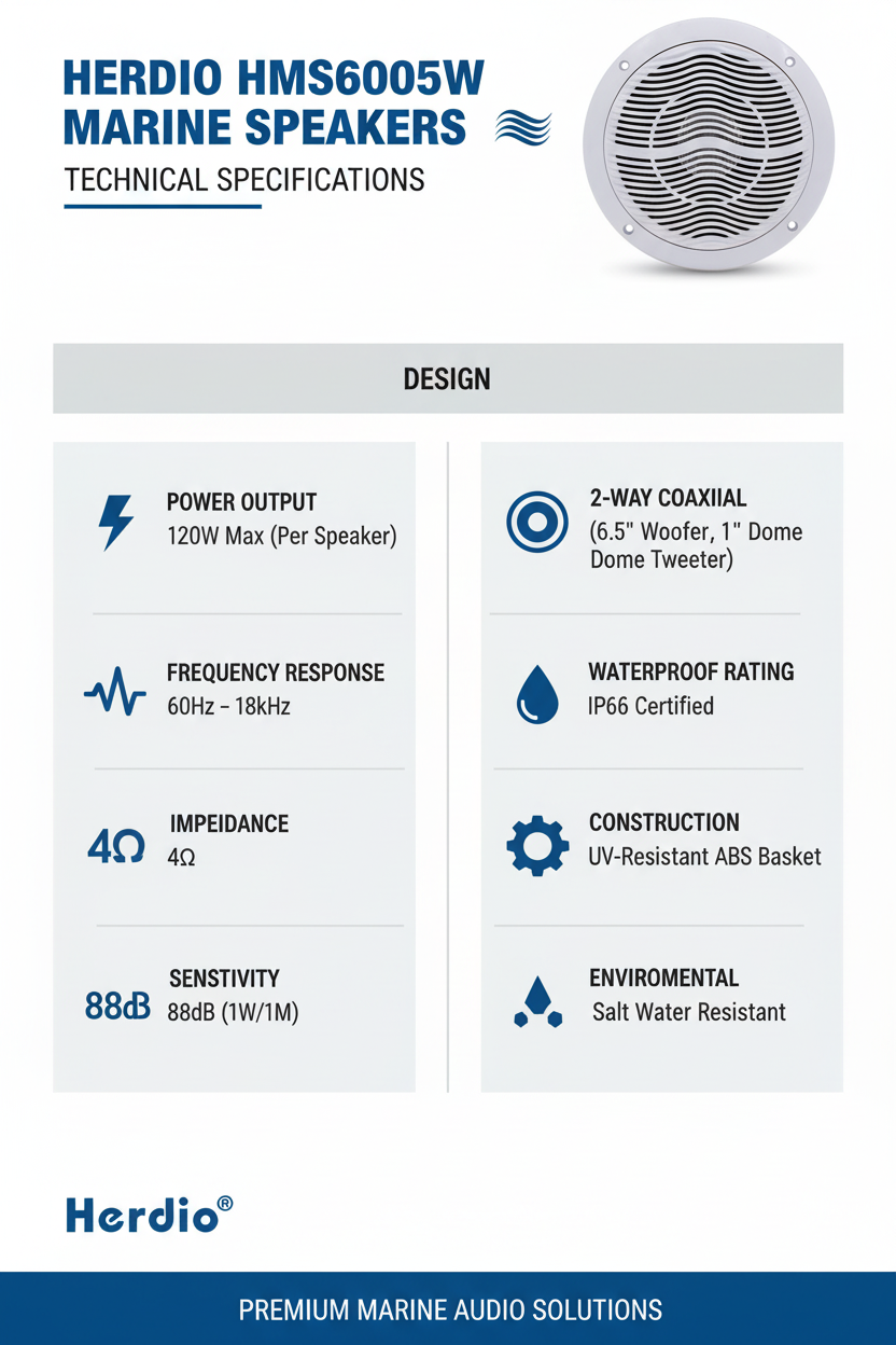 Herdio HMS-6005W technical specifications - 120W power 4 ohm impedance frequency response