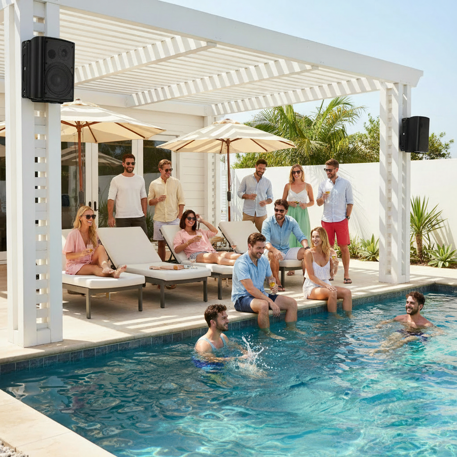 Herdio Bluetooth outdoor speakers installed beside a swimming pool