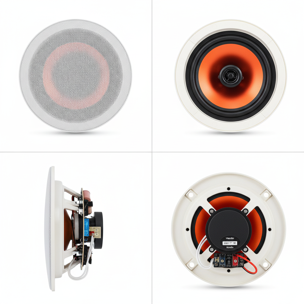 Four-angle view of Herdio 6.5 inch in-ceiling speaker - front, back, side perspectives