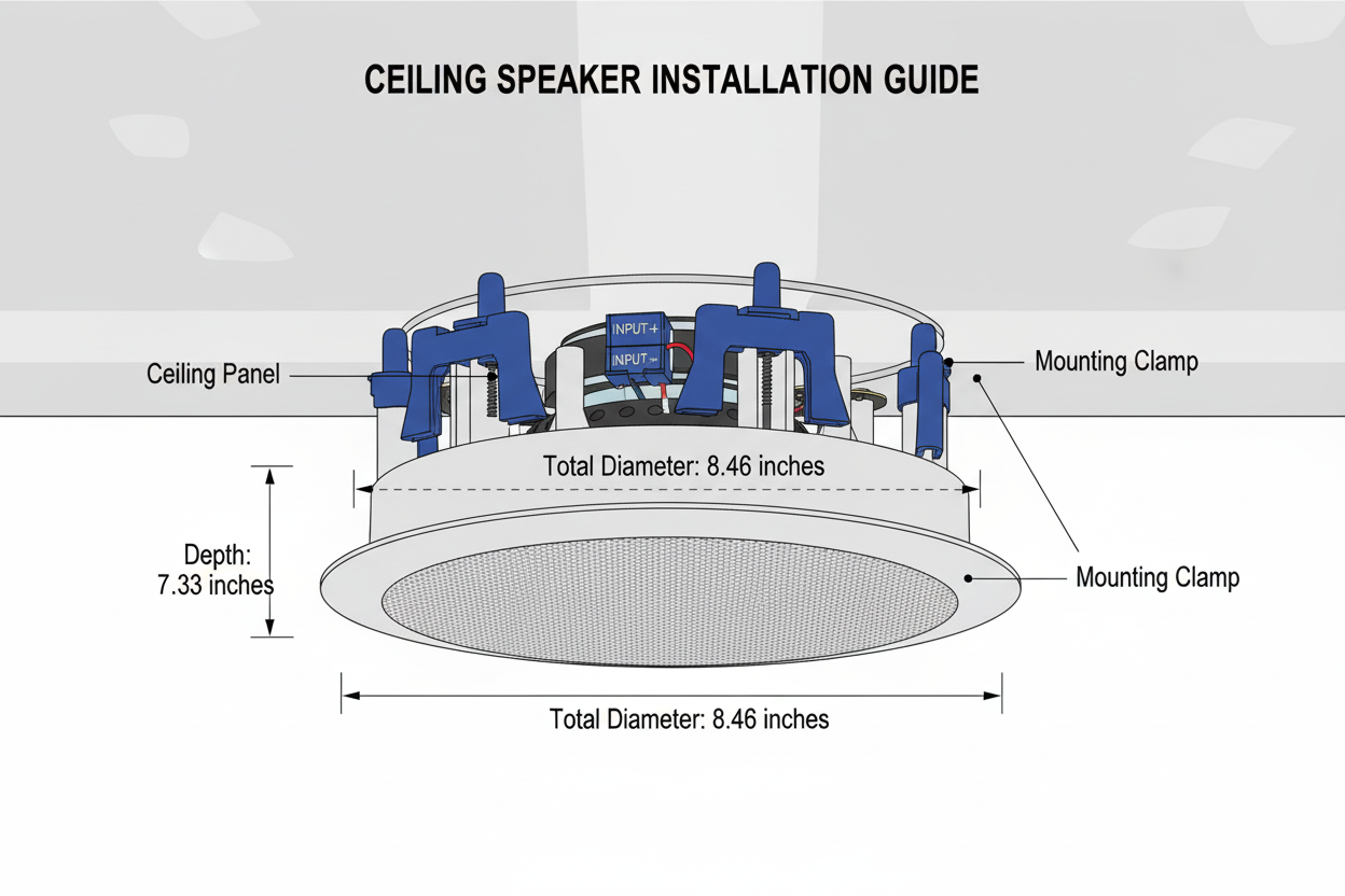 Herdio ceiling speaker installation diagram with mounting dimensions and technical specifications
