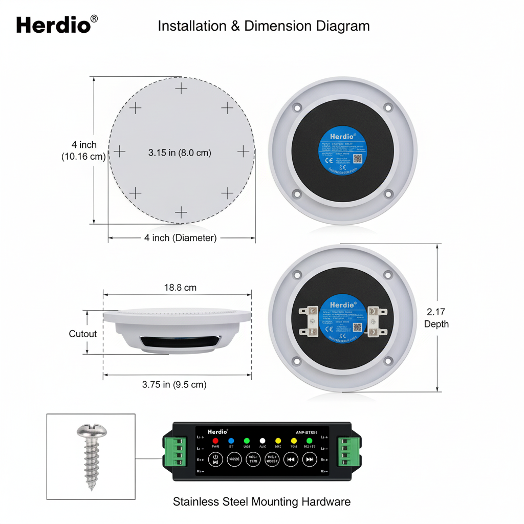 Marine speaker installation dimensions and mounting hardware diagram