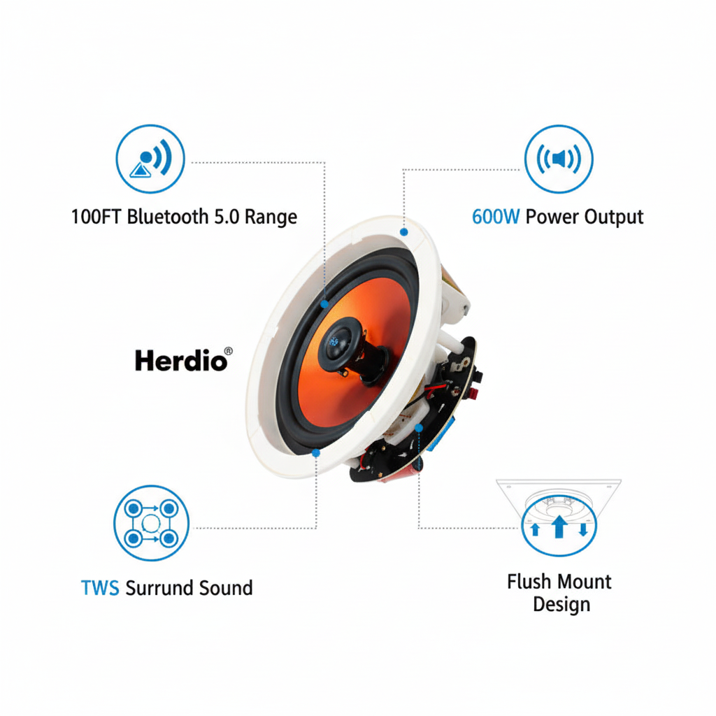 Herdio ceiling speakers key features benefits diagram wireless Bluetooth connectivity high power output
