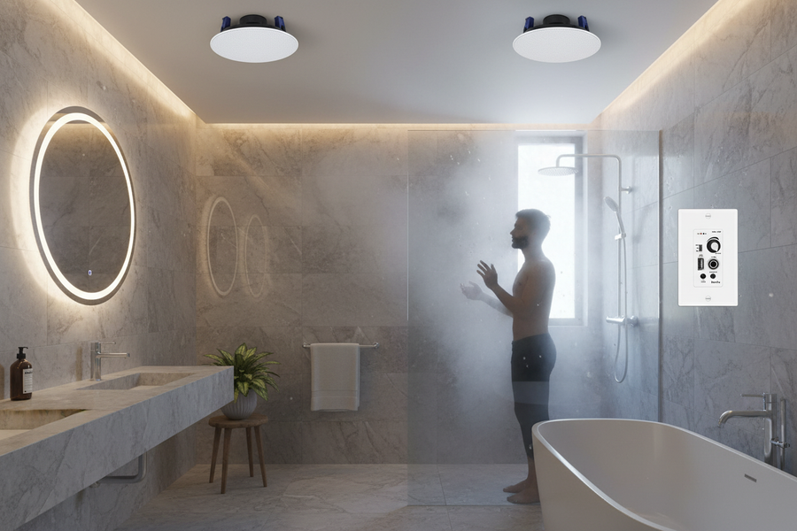 Herdio moisture-resistant ceiling speakers installed in bathroom for spa-like audio experience