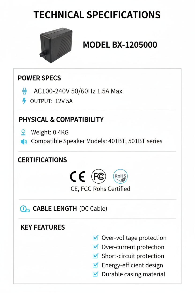12V 5A DC Power Adapter Technical Specifications - Compatible with 401BT 501BT Speaker Series