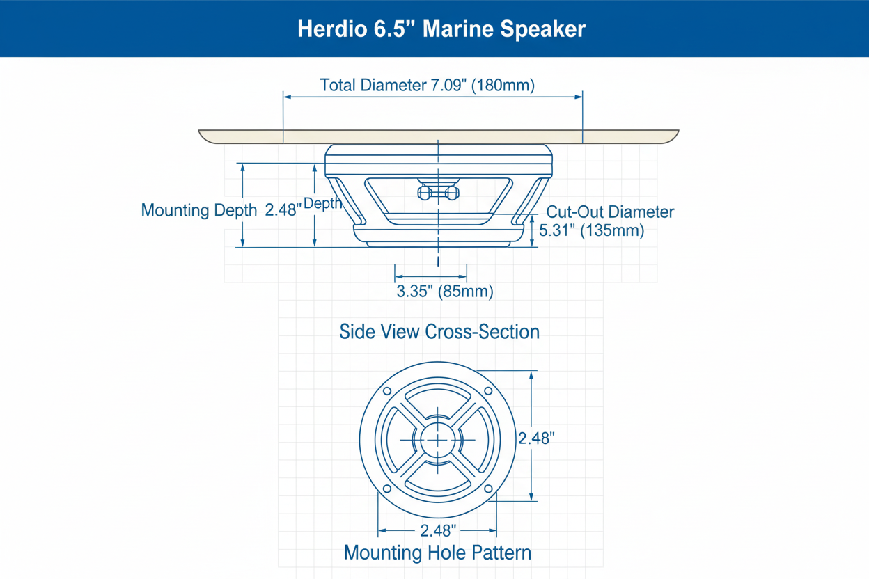 Herdio 6.5 inch marine speaker installation dimensions and mounting diagram