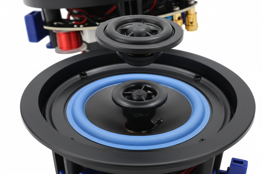 Herdio ceiling speaker component close-up - woofer, tweeter, and terminal connections