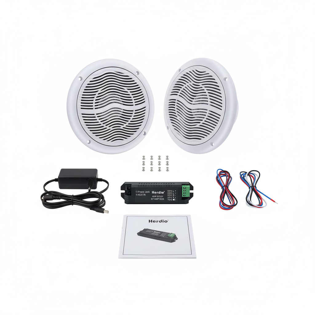 Herdio marine Bluetooth speakers package contents - mounting hardware and accessories included