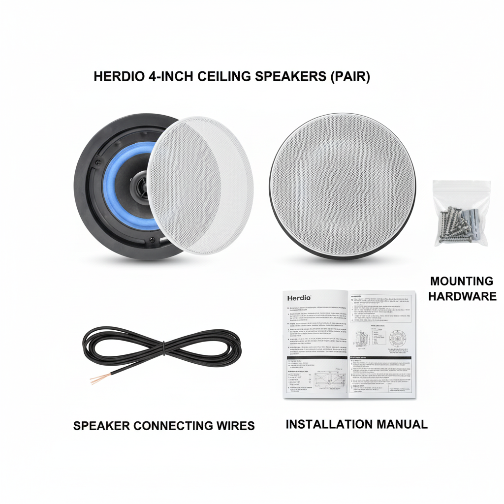 Herdio ceiling speaker package contents: pair of 4 inch speakers, connecting wires, and installation manual