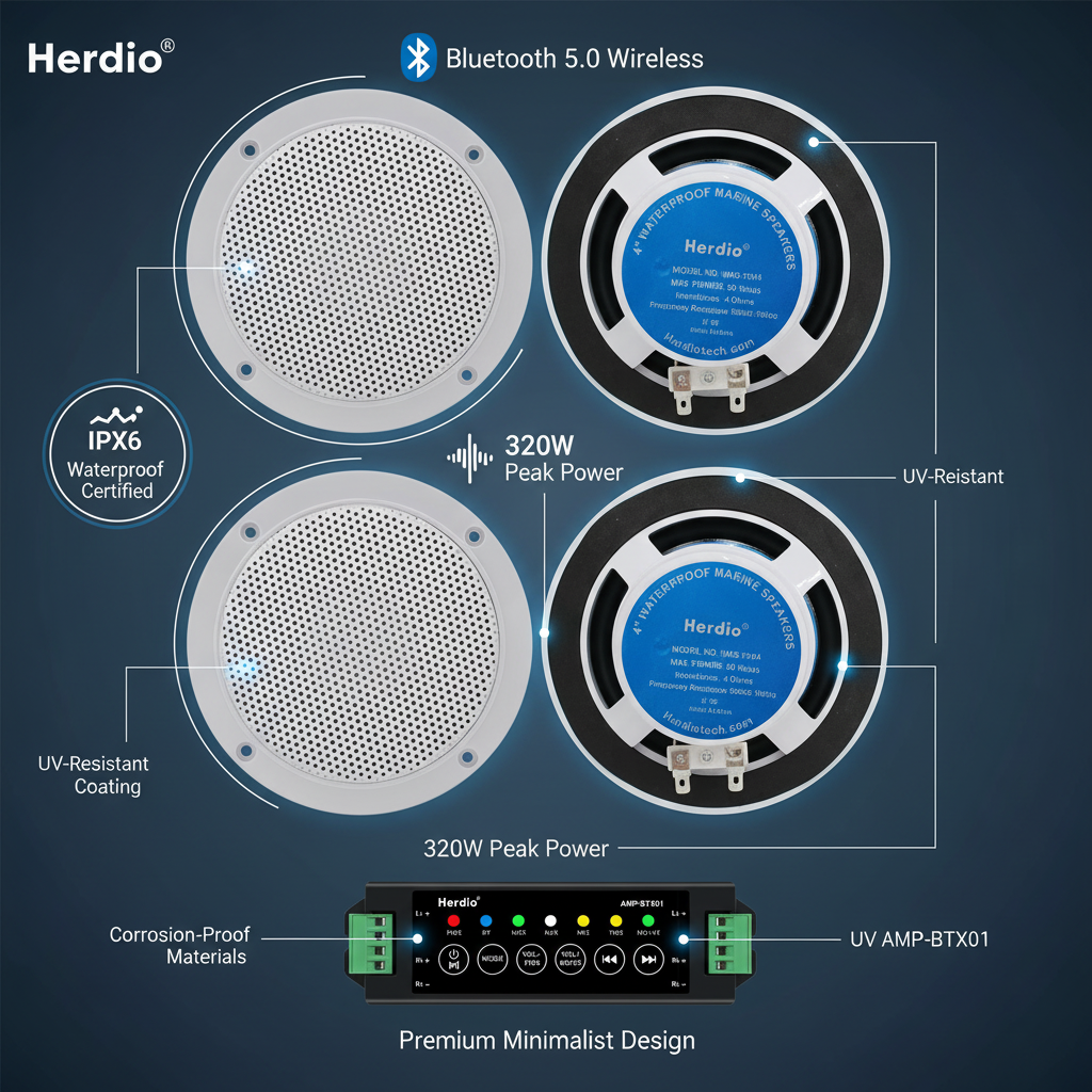 Bluetooth 5.0 waterproof IPX6 320W marine speaker features infographic