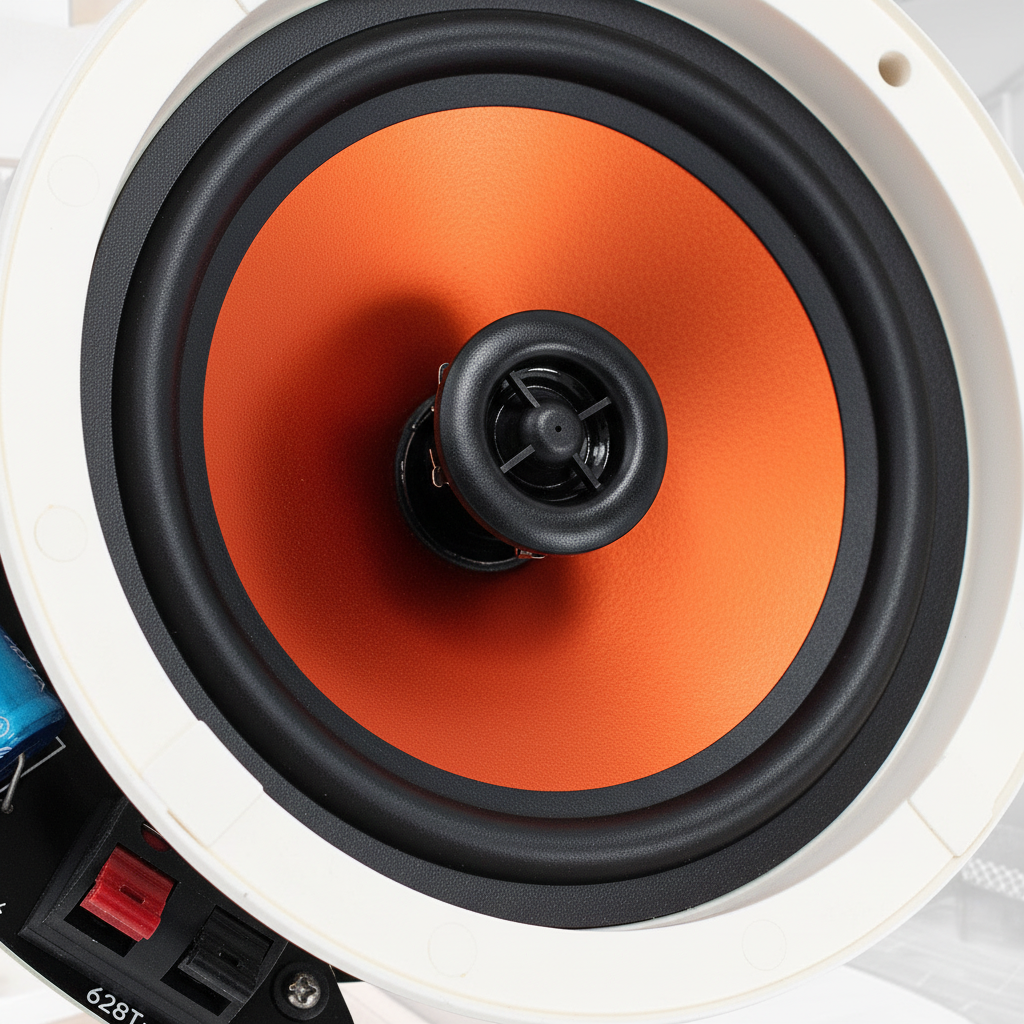 Close-up of ceiling speaker components - premium drivers and paintable grille detail