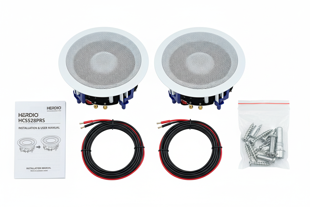Herdio ceiling speaker package contents including pair of speakers wires and installation manual