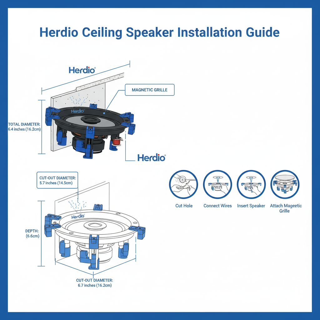 Ceiling speaker installation dimensions: 6.4 inch total diameter, 5.7 inch cutout, 2.6 inch depth mounting diagram