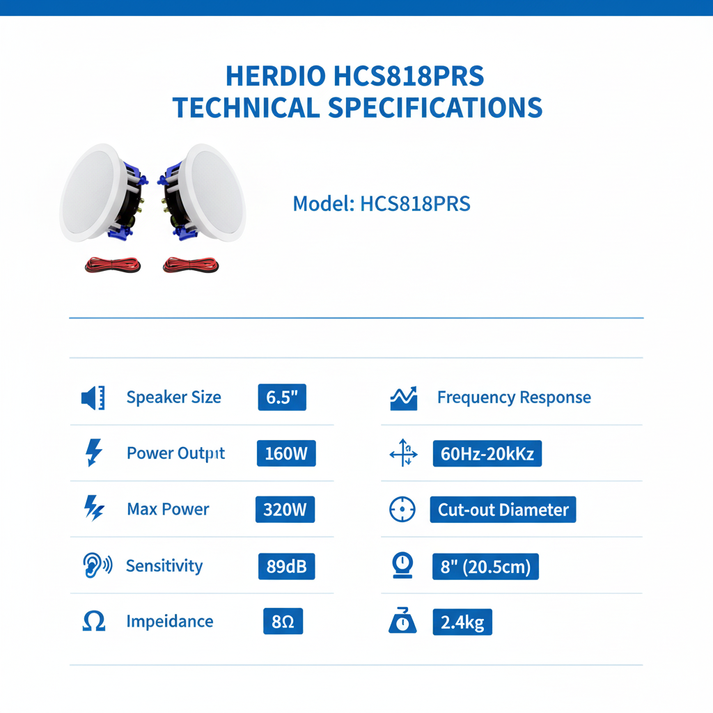 Herdio HCS818 technical specifications - 320W power, 6.5 inch driver, frequency response and impedance details