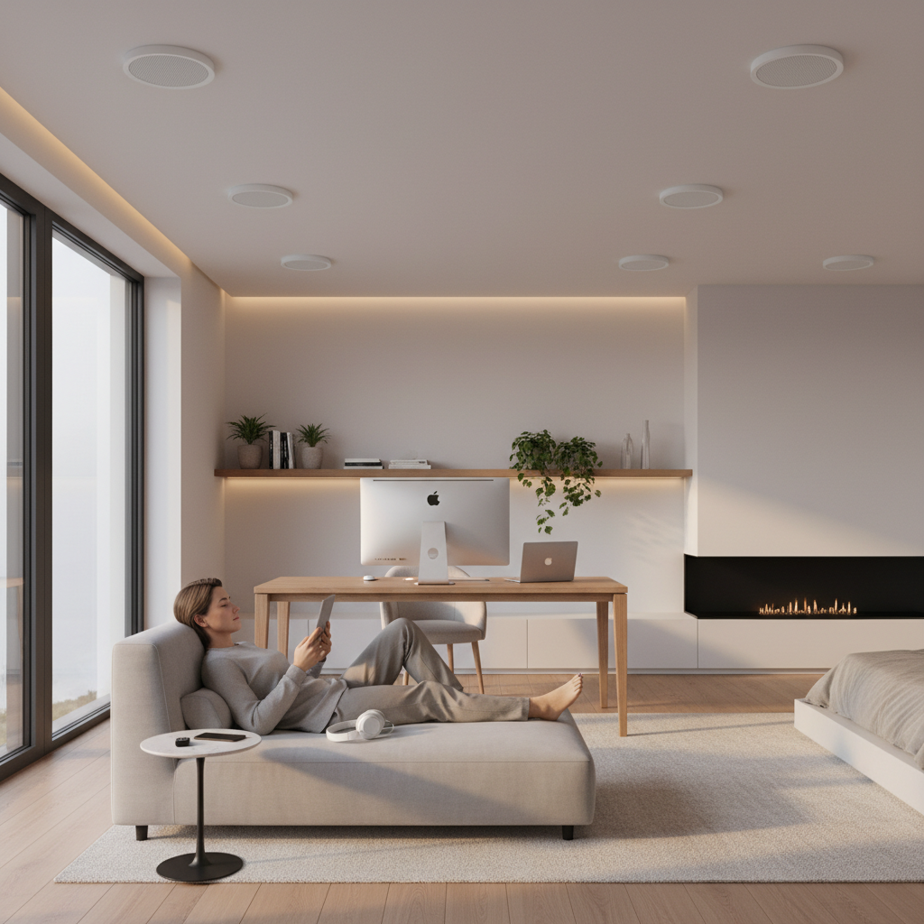 Herdio Bluetooth ceiling speakers installed in modern office workspace environment