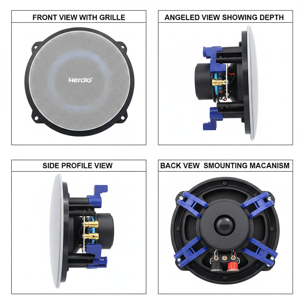 Herdio 4 inch ceiling speaker multi-angle view - detailed product design showcase