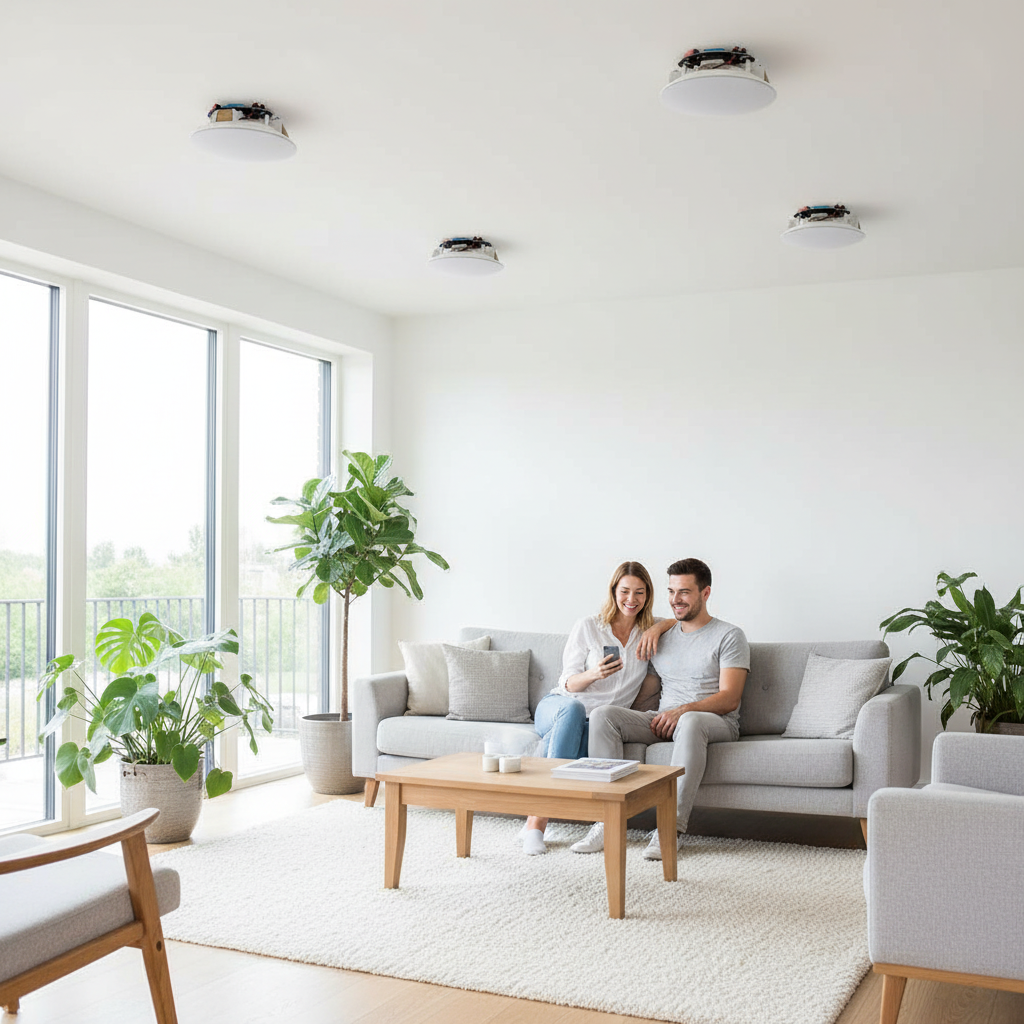 Herdio Bluetooth ceiling speakers installed in modern living room interior design home audio setup