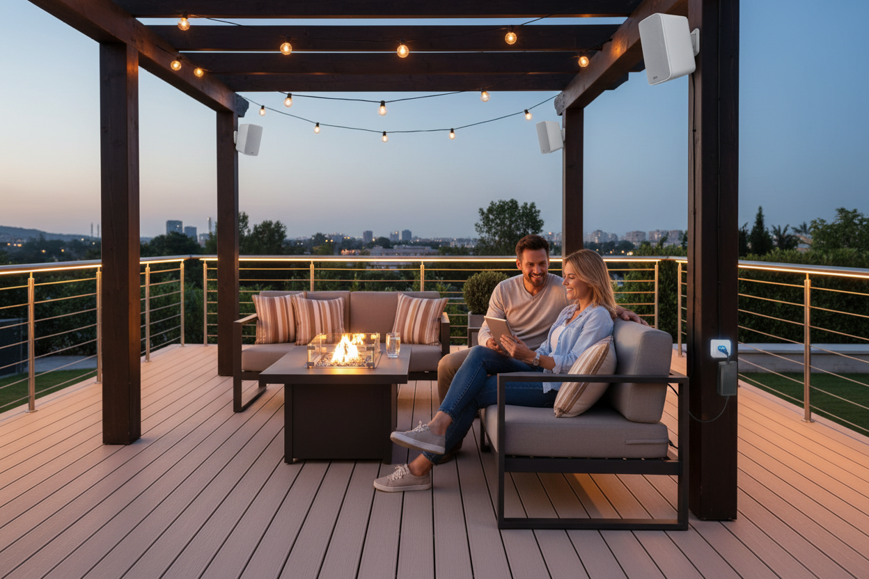 12V Power Supply Adapter Connected to Outdoor Bluetooth Speaker System in Garden Setting