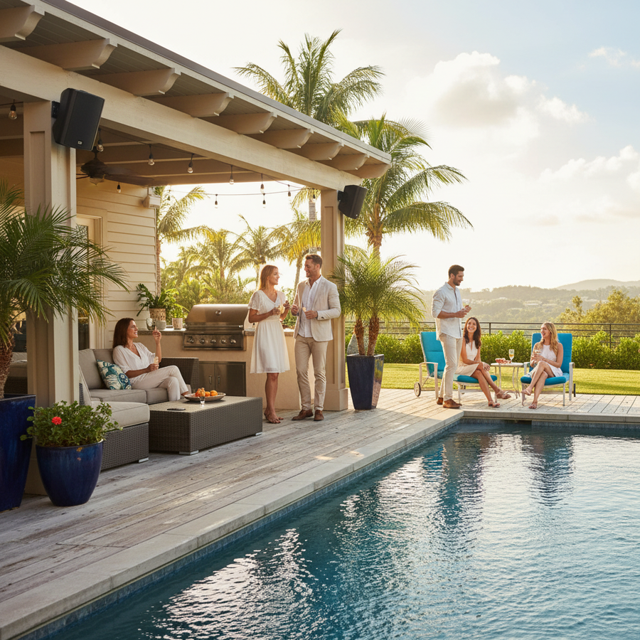 Herdio outdoor speakers installed on patio wall creating premium sound environment