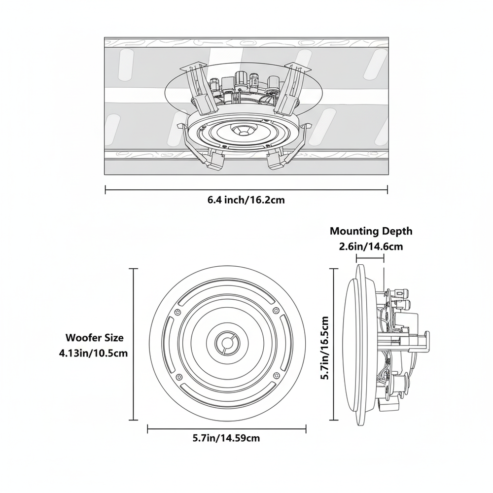 Herdio ceiling speaker installation dimensions and cutout size specifications diagram